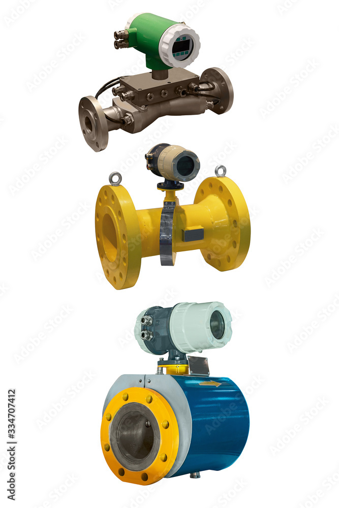three modern industrial gas meter high precision digital isolated on white background