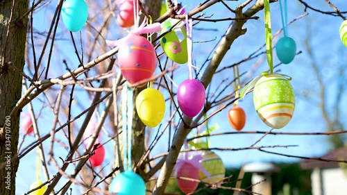 Baum ist mit Ostereiern zu Ostern bunt dekoriert