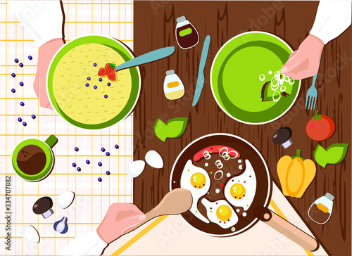 chefs are cooking in the kitchen, flat vector image as people are preparing breakfast