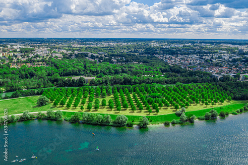 Fototapeta Naklejka Na Ścianę i Meble -  Aerial Drone topdown photo of a river and trees in Paris, France