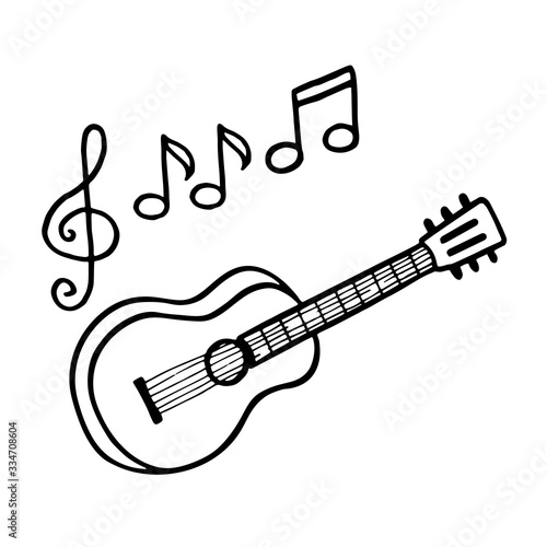 Hand-drawn guitar and sheet music, Doodle, vector illustration.