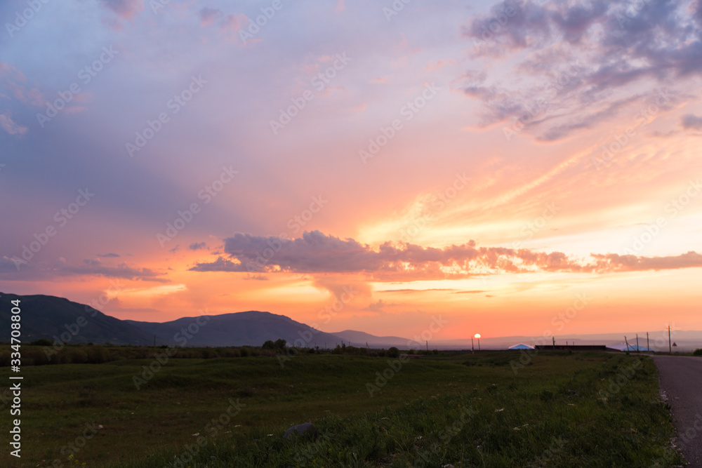 amazing sunset in Aksu Zhabagly nature reserve, oldest in Central Asia, situated in Kazakhstan amazing sunset in Aksu Zhabagly nature reserve, oldest in Central Asia, situated in Kazakhstan