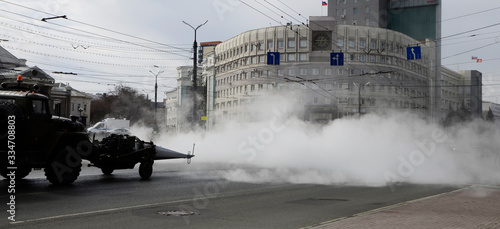 Sanitary treatment of the streets of Chelyabinsk from the coronavirus.
