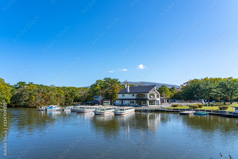 Naklejka premium Onuma Quasi-National Park. Sunny day scenery landscape. Oshima Subprefecture, Town Nanae, Hokkaido, Japan