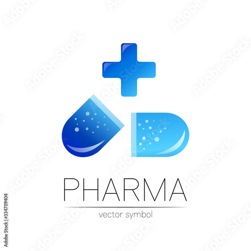 Pharmacy vector symbol with blue cross for pharmacist, pharma store, doctor and medicine. Modern design vector logo on white background. Pharmaceutical icon logotype tablet pill capsule. Health