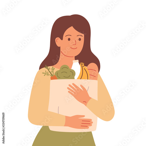 Girl holds grocery bag with natural products. Woman made food supplies. Healthy eating concept, zero waste and sustainable lifestyle vector illustration.