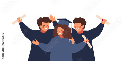 Happy graduated students wearing academic gown hold diplomas in their hands. Boys and girls celebrating university graduation. Flat cartoon vector illustration.