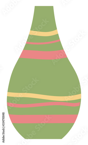 Striped vase isolated on white. Crockery decorative jar with waves ornament, color pot in flat style design, ceramic flowerpot. Handmade items from clay. Vase for flowers. Vector illustration