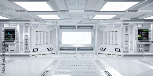 Fotografie, Obraz Futuristic Sci-Fi Hallway Interior with  Computer and Monitor Screen on Wall, 3D