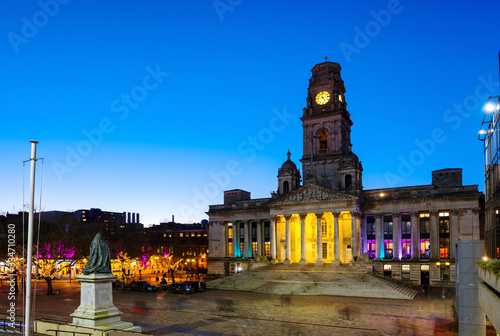 View of Guildhall in Portsmouth, UK at night. Clear dark sky