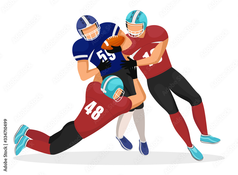 Naklejka Gridiron player falling down trying to get ball. Isolated team members playing american football. Competing male personages. Participation between professional footballers. Vector in flat style