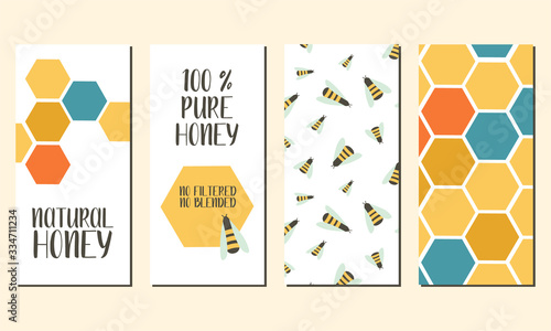 Set of flyers with drawn bees, honeycombs. Flat vector illustration. Perfect for logo, business cards, cafe menu, branding, food flyers, icon, packaging design