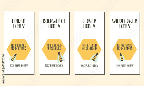 Set of flyers with bees, honeycombs (linden, buckwheat, clower, wildflower honey). Flat vector illustration. Perfect for logo, business cards, cafe menu, branding, food flyers, icon, packaging design