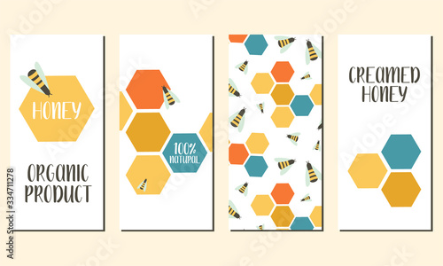 Set of flyers with drawn bees, honeycombs. Flat vector illustration. Perfect for logo, business cards, cafe menu, branding, food flyers, icon, packaging design