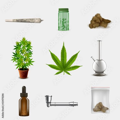 Medical marijuana objects set. Realistic vector illustration.