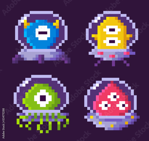 Pixel space game character vector, isolated aliens of different appearance floating in space, gamification of monsters, personage s in 8 bit graphics, pixelated cosmic monster for mobile app games