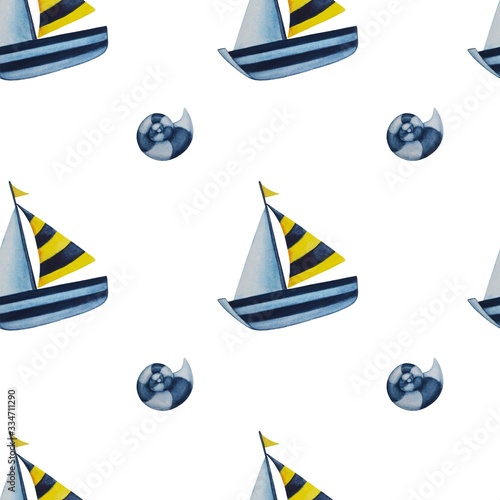 Seamless watercolor nautical pattern with cute boat and seyshells on white background