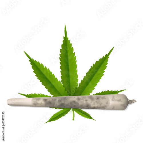 Cannabis leaf and marijuana joint isolated on white background.