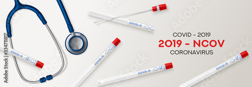 Test tubes with cotton swab for nasopharyngeal specimens. Realistic tube for testing in laboratory on coronavirus SARS CoV-2. Nasopharyngeal test for determination Covid-19 NCP. Vector illustration. photo