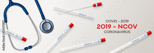 Test tubes with cotton swab for nasopharyngeal specimens. Realistic tube for testing in laboratory on coronavirus SARS CoV-2. Nasopharyngeal test for determination Covid-19 NCP. Vector illustration.