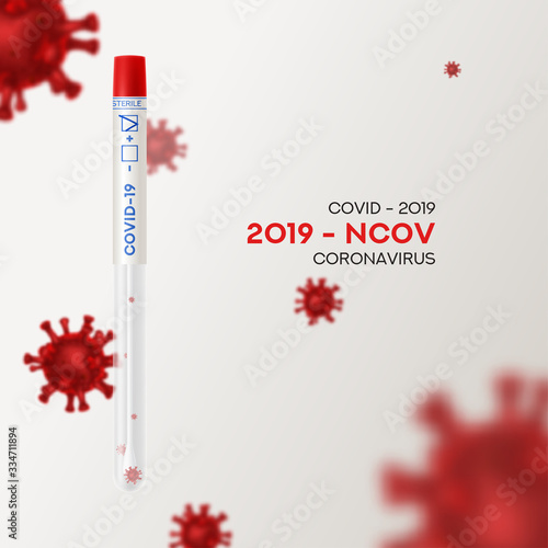 Test tube with cotton swab for nasopharyngeal specimens. Realistic tube for testing in laboratory on coronavirus SARS CoV-2. Blurred Covid-19 NCP cells. Vector illustration.