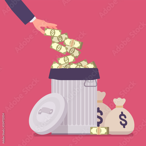 Unnecessary wastes of money, risky economy investment. Dollar cash thrown in dustbin, trash can budget, lost of profit, financial market error and ignorance. Vector flat style cartoon illustration