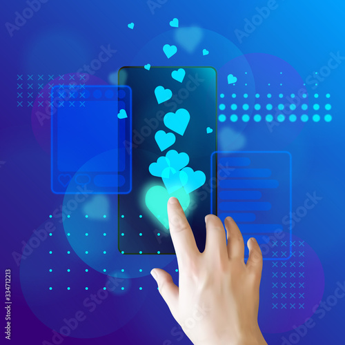 Hand taps heart on a smartphone screen. The concept of interaction on social networks