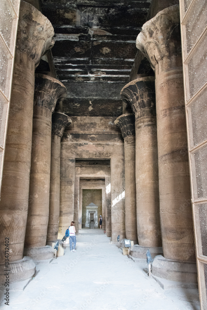 Magnificent and ancient temple of Edfu, located on the western bank of the Nile River in Egypt, Africa, dedicated to the god of the Dioese Horus.