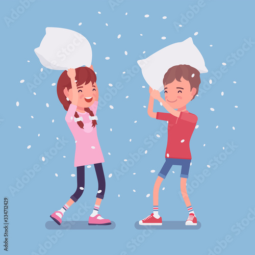 Pillow fight game, boy and girl kids enjoy free time at home. Sleepover fun, pajamas party or slumber entertainment for young children staying in house. Vector flat style cartoon illustration
