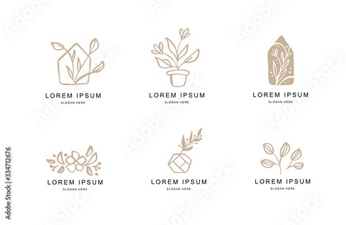 Abstract Floral Vector Signs or Logo Templates Set. Retro Feminine Hand Drawn Illustration Emblems for Beauty Salon, SPA, Wedding Boutiques, etc. Isolated