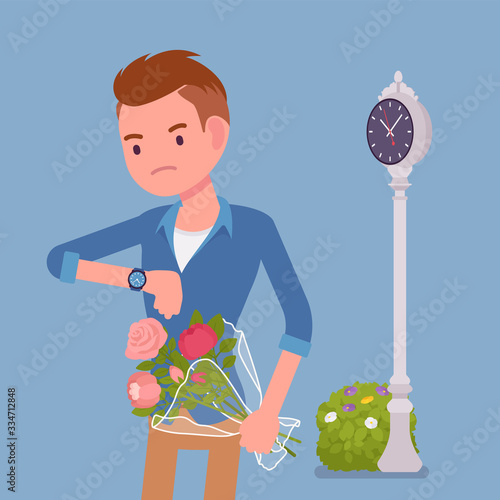 Young man waiting at the romantic date, checking time. Smart boyfriend with flower bouquet, unhappy lonely cheated male partner, anxiety on getting late friend. Vector flat style cartoon illustration