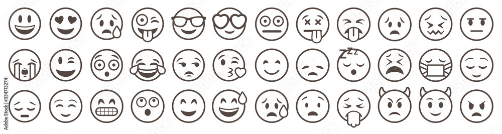 Emoticons set. Emoji faces collection. Emojis flat style. Happy and sad emoji. Line smiley face - stock vector Emoticons set. Emoji faces collection. Emojis flat style. Happy and sad emoji. Line smiley face - stock vector