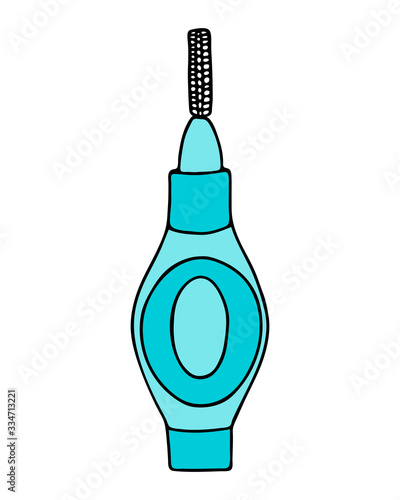 Interdental brush orthodontic braces. Pipe-cleaner dental product personal oral hygiene home in bathroom. Color vector isolated flat doodle realistic drawing with black outline white background icon.