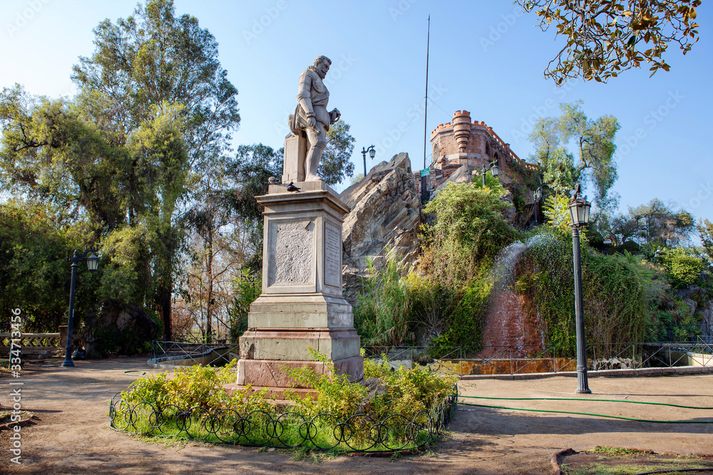 Santiago, Chile, a monument to the Conquistador Pedro de Valdivia.  Monument to the founder of Chile and Santiago Conquistador Pedro de Valdivia. The second, more impressive equestrian monument is ins