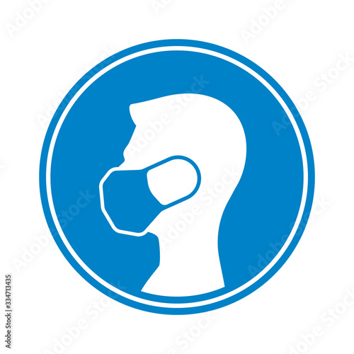 Vector blue circle sign - white silhouette man with medical face mask. Isolated on white background.