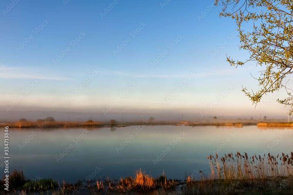 Fototapeta premium beautiful sunny landscape with river, sun shines
