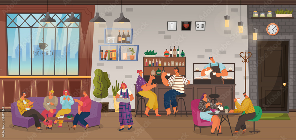 Cafe with lots of customers and visitors. Barista making coffee for clients. Couple talking by counter. Friends sitting on comfy couch playing games and drinking beverages. Vector in flat style