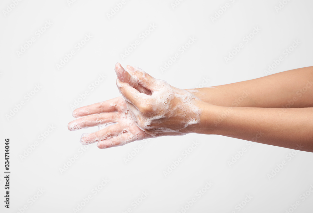 people use soap and washing hands on gray background. Concept Hygiene. people use soap and washing hands on gray background. Concept Hygiene.