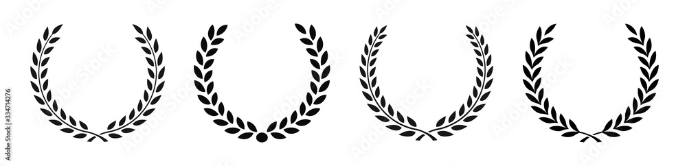 Set black silhouette circular laurel foliate, wheat and oak wreaths depicting an award, achievement, heraldry, nobility on white background. Emblem floral greek branch flat style - stock vector