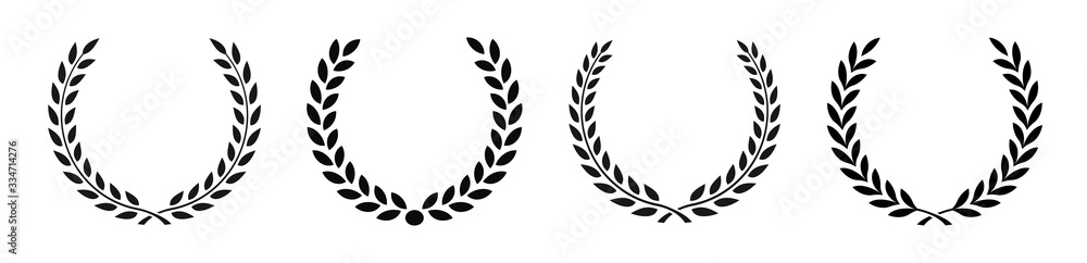 Set black silhouette circular laurel foliate, wheat and oak wreaths depicting an award, achievement, heraldry, nobility on white background. Emblem floral greek branch flat style - stock vector Set black silhouette circular laurel foliate, wheat and oak wreaths depicting an award, achievement, heraldry, nobility on white background. Emblem floral greek branch flat style - stock vector