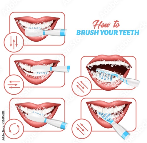 Instruction on how to brush your teeth correctly. Medical infographic. Realistic vector illustration.