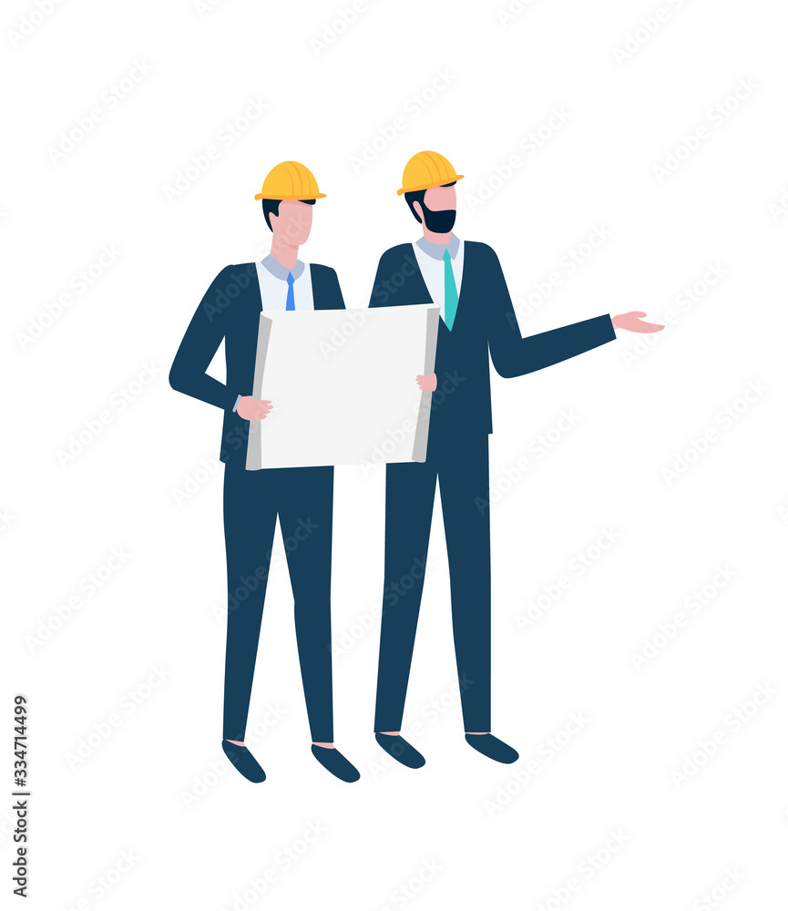 Managers discussing project, men in helmets, employees wearing suit, person holding large sheet of paper, teamwork cooperation, corporate strategy vector Managers discussing project, men in helmets, employees wearing suit, person holding large sheet of paper, teamwork cooperation, corporate strategy vector