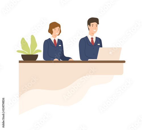 Hospitality male and female in uniform at counter vector flat illustration
