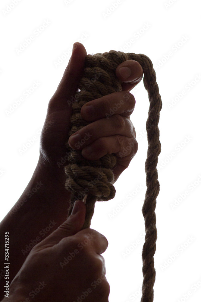 silhouette of male hands knotted noose neck noose on white isolated background, concept life failure, financial crisis