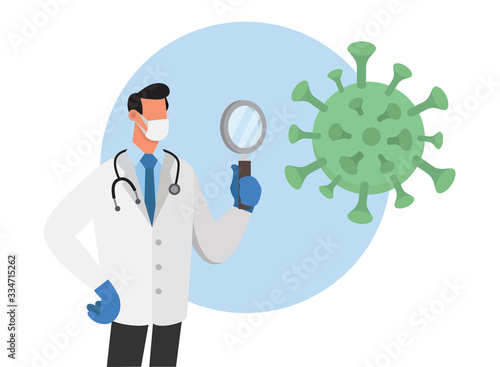 Doctor with magnifier analyzes corona virus
