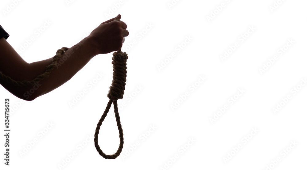 silhouette of running knot in male hand, concept suicide thoughts, financial crisis, shape of rope loop silhouette of running knot in male hand, concept suicide thoughts, financial crisis, shape of rope loop