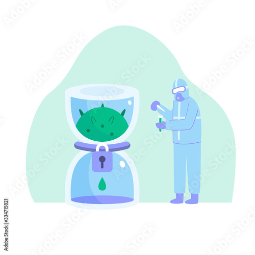 Coronavirus vaccine research to stop covid-19 ncov virus epidemic concept illustration. Medical scientists in hazmat suits flat illustration