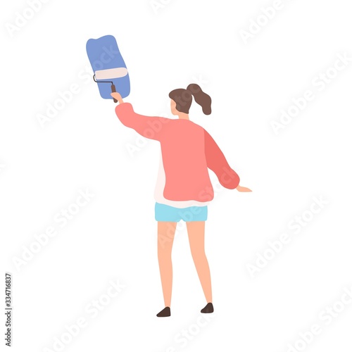 Teenage girl professional painter depict colorful image on wall vector flat illustration. Cartoon woman painting picture holding paint roller isolated on white background. Artist create decoration