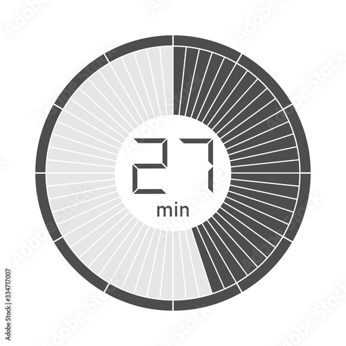 The 27 minutes stopwatch icon, digital timer. Vector illustration.