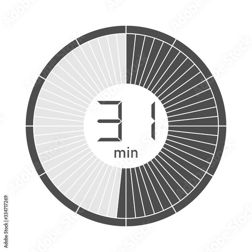 The 31 minutes stopwatch icon, digital timer. Vector illustration.